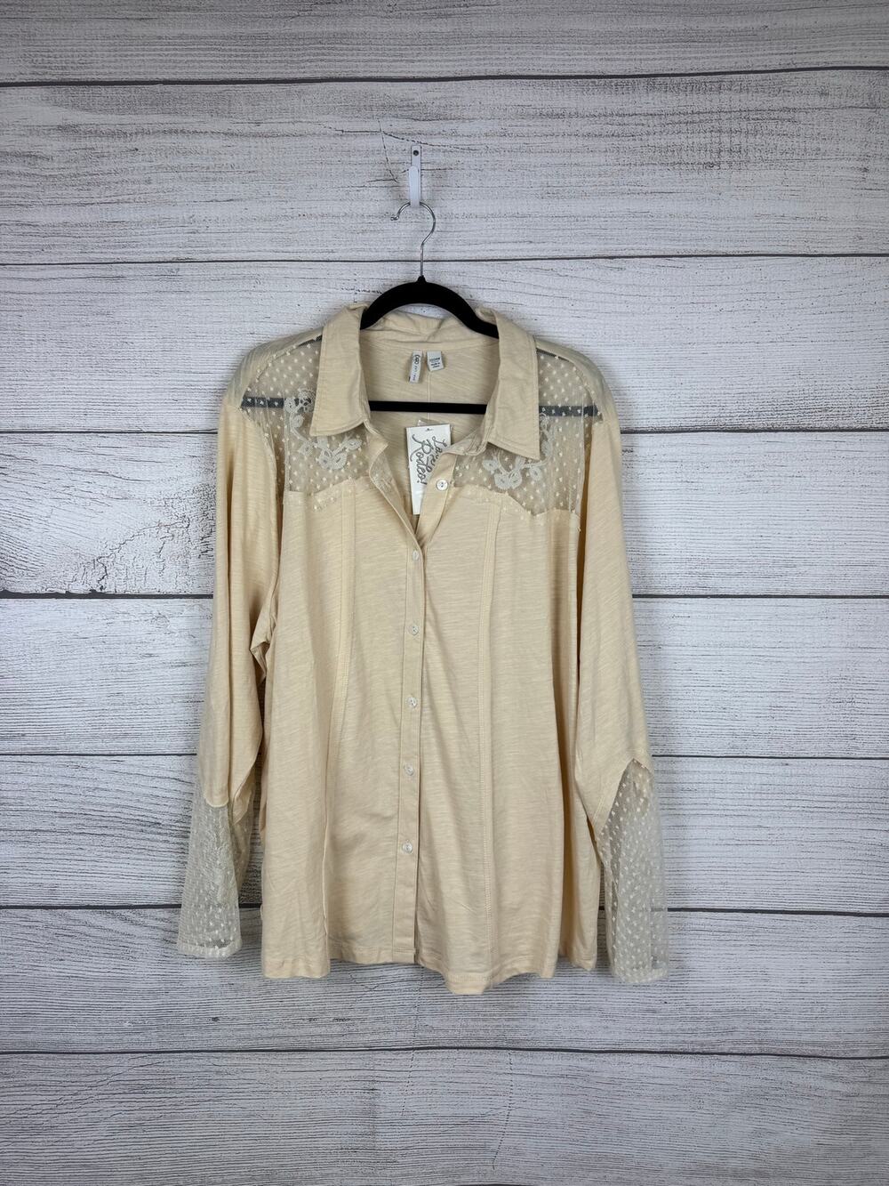Cato Plus Size Boho Western Cream Button Up Lace Detail Top Size 22/24W